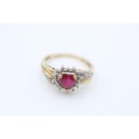 9ct yellow & white gold diamond & synthetic ruby heart cluster ring (2.5g) Size N