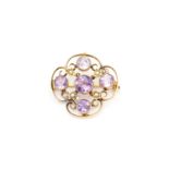 9ct gold antique amethyst & seed pearl lavalier pendant brooch (4.3g)
