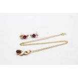 9ct gold diamond & gemstone pendant necklace & stud earrings set inc. synthetic ruby & garnet (3.