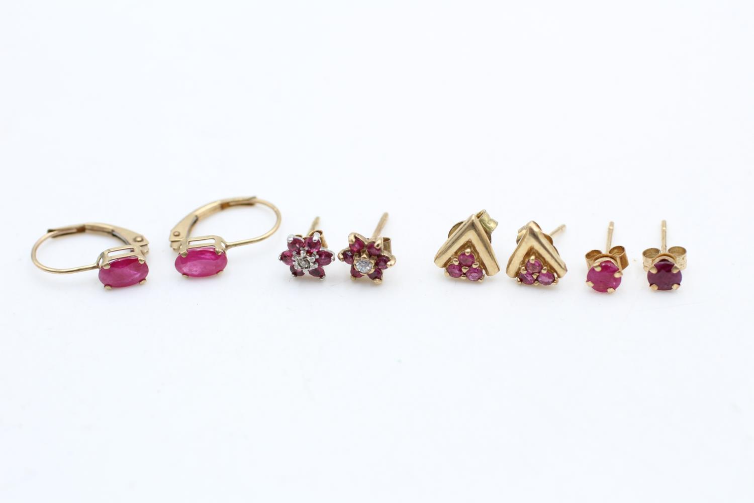 3 x 9ct gold gemstone earrings inc. diamond, ruby (2.3g)