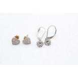 2 x 9ct gold diamond earrings inc. white gold, heart (2.5g)