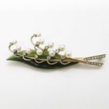 3" long HM 18ct white gold with diamonds and pearls on green jade leaf brooch 13.5g