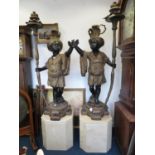 2x bronze upright Blackamore lamps 5'6" in height on marble bases - bases 20" high - very heavy