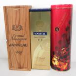 Grand Armagnac Janneau in wooden box along with Remy Martin boxed and Martell Brandy boxed