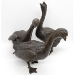 3x bronze geese with incredible detail possibly Japanese 8" high