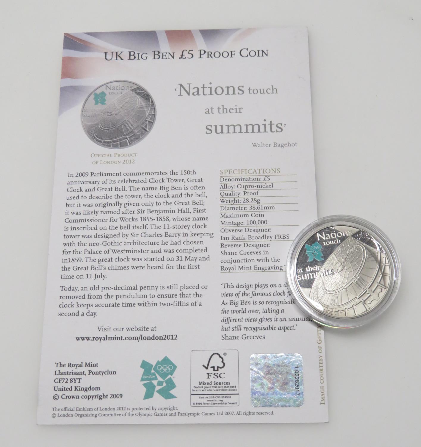 Big Ben £5.00 proof coin cupro nickel with paperwork