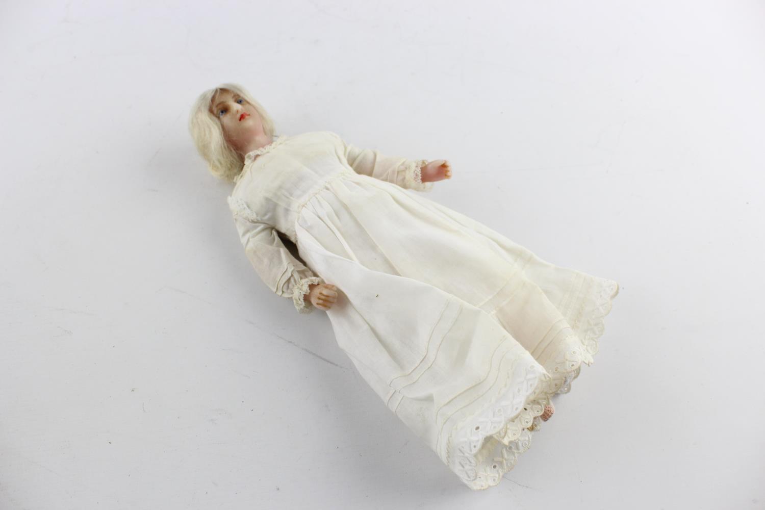 Antique Poured Wax Doll with Blue Glass Eyes, Blonde Hair & Handmade Clothing