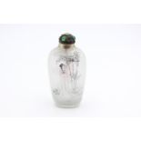 Antique Reverse Painted Glass SNUFF BOTTLE Lady with Dipper Scoop, Silver Topped
