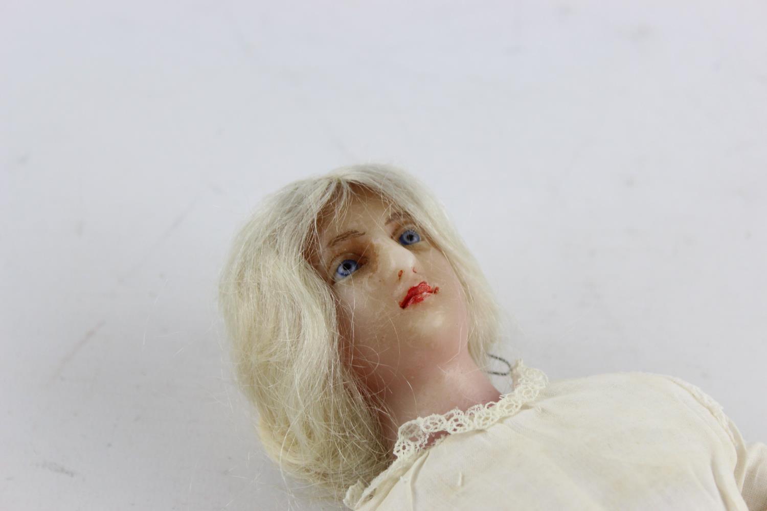 Antique Poured Wax Doll with Blue Glass Eyes, Blonde Hair & Handmade Clothing - Bild 2 aus 5