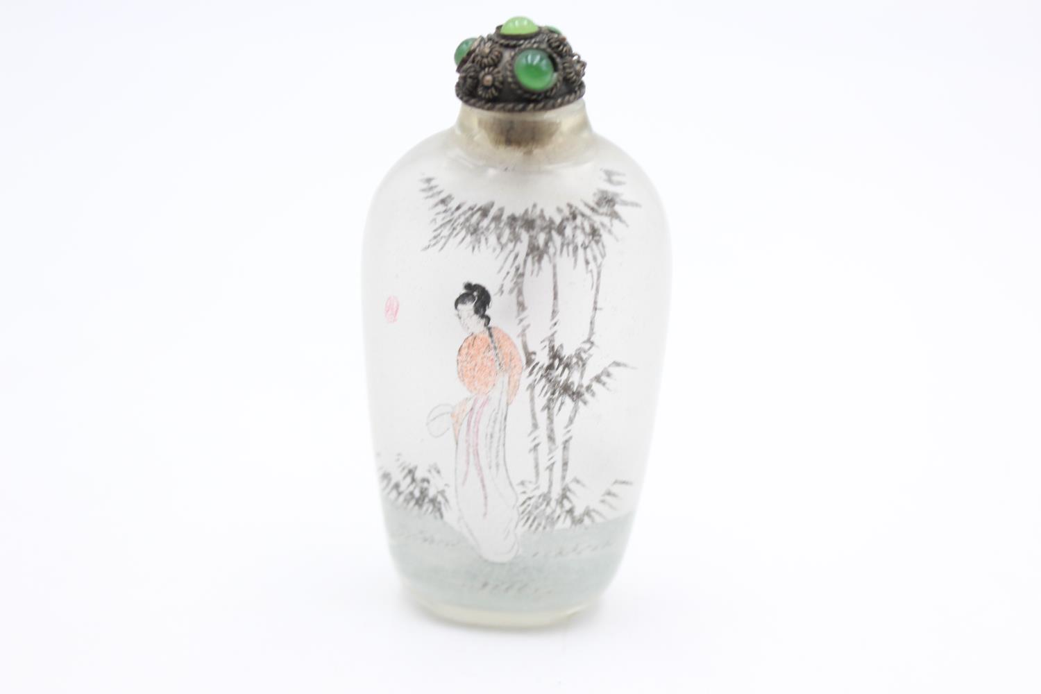 Antique Reverse Painted Glass SNUFF BOTTLE Lady with Dipper Scoop, Silver Topped - Bild 4 aus 4