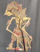 3 Wayang-Kulit Figuren, indonesische Schattentheater-Figuren, drei verschiedene Figuren, polychrom 