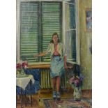 Einhart, Karl (1884 - 1967 Konstanz), "Junge Frau im Innenraum", vor großem Fenster mit geschlossen