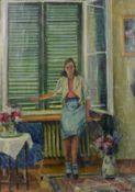 Einhart, Karl (1884 - 1967 Konstanz), "Junge Frau im Innenraum", vor großem Fenster mit geschlossen