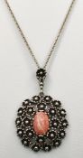 Pendant, centered pink and banded cabochon, set with flowers, 4,7x2,7cm, silver 835, on chain with
