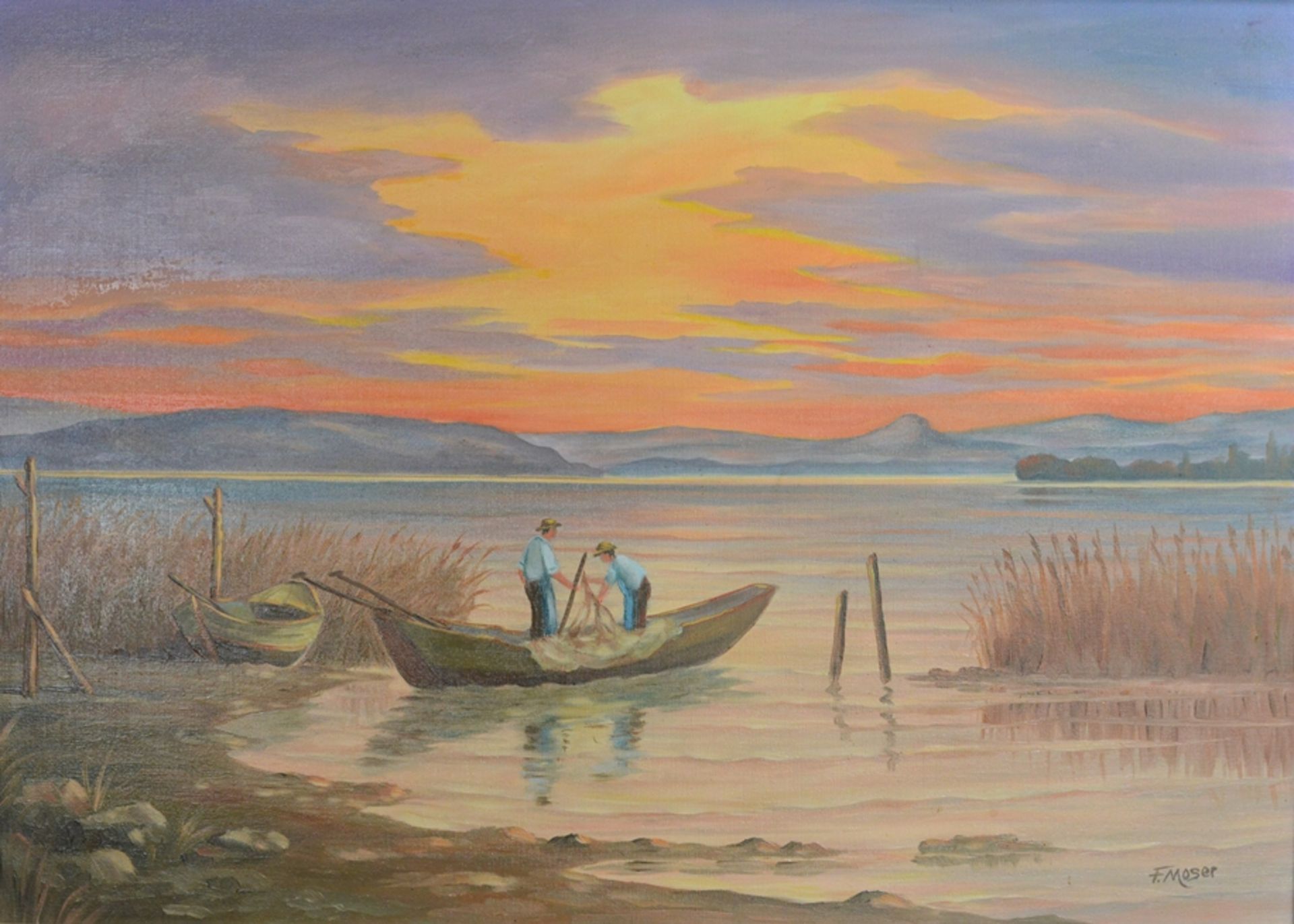Moser, F. (20. Jahrhundert) "Morgenstimmung" auf der Reichenau, mit zwei Fischern im Boot, rechts u