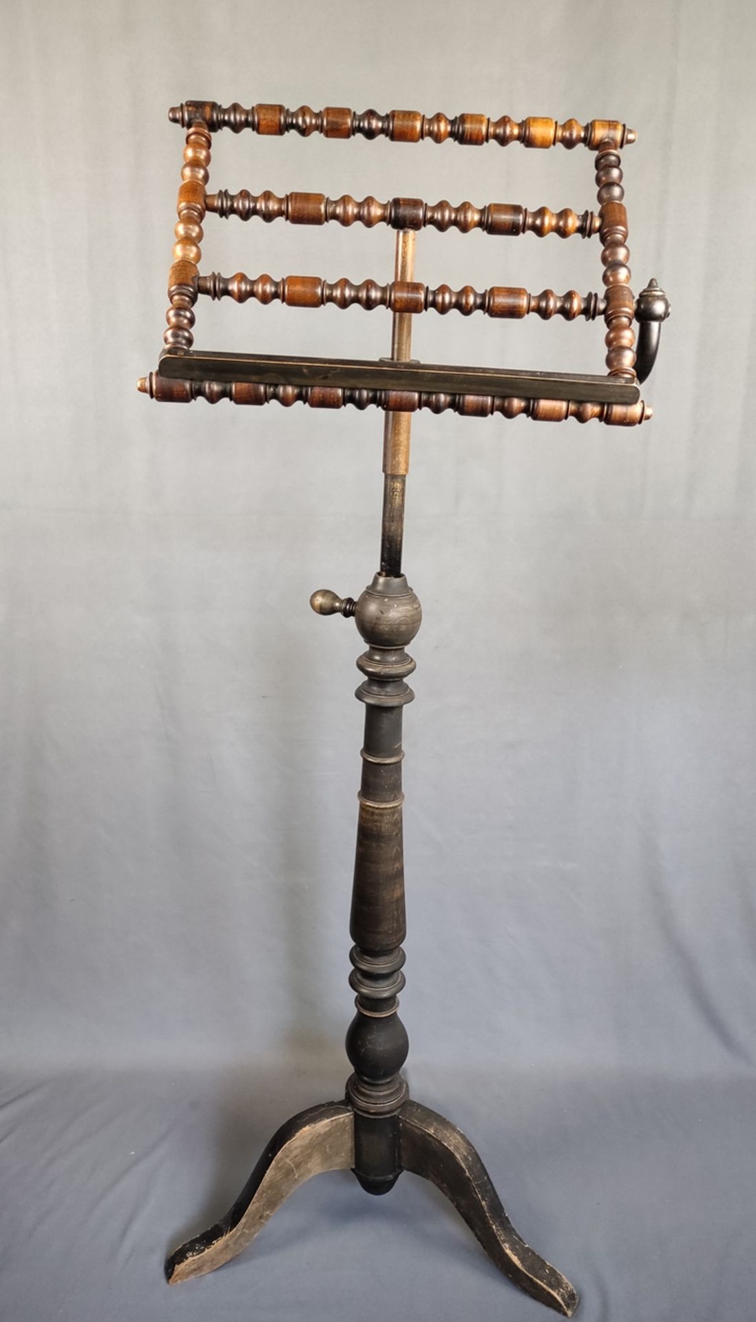 Music stand, with a candlestick, support and column turned, tripod stand, height adjustable (height