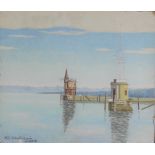 Schultheiss, ED. (Bodenseemaler, 20. Jahrhundert) "Alter Hafenturm Konstanz", Blick auf das Molehäu