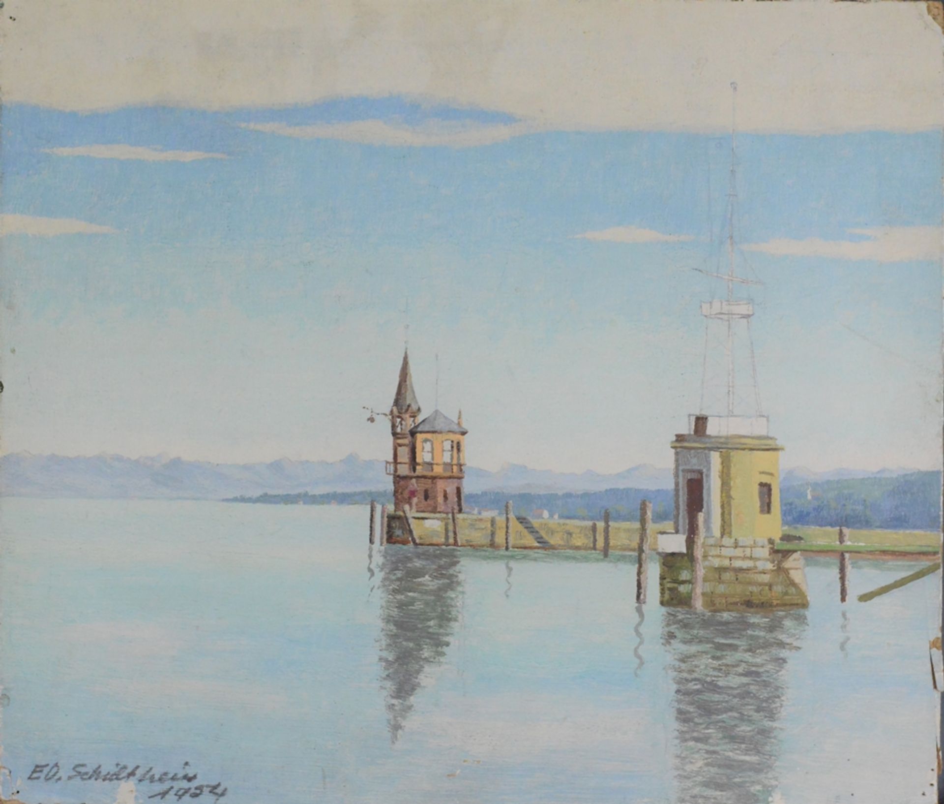 Schultheiss, ED. (Bodenseemaler, 20. Jahrhundert) "Alter Hafenturm Konstanz", Blick auf das Molehäu