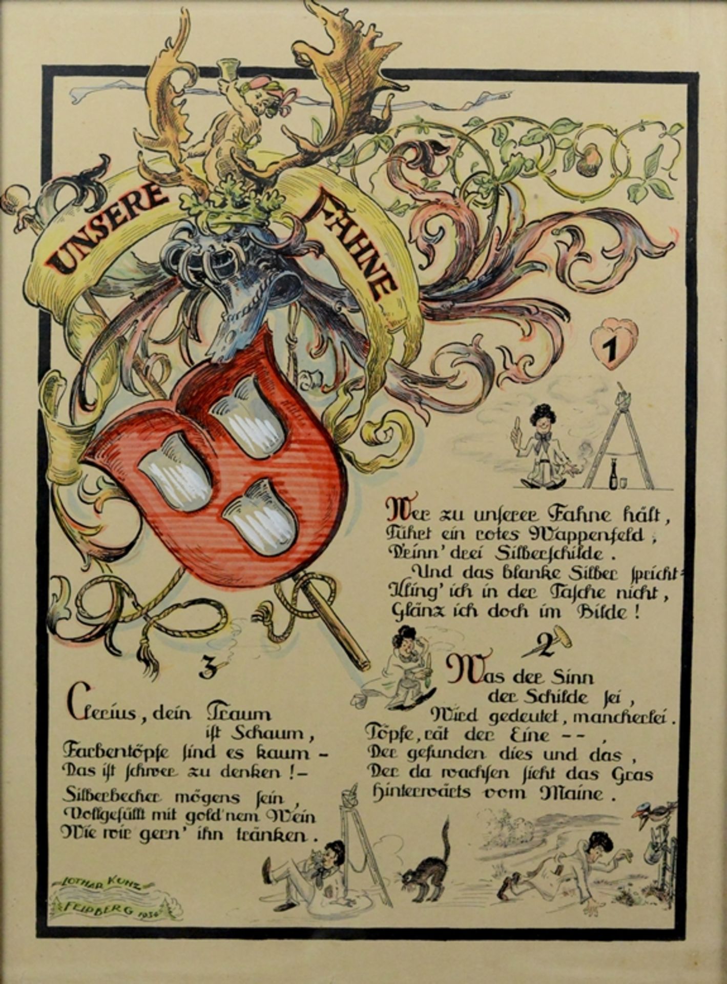 Kunz, Lothar (20. Jahrhundert), "Unsere Fahne", imposantes Wappen, Kalligraphie, teilkoloriert, lin