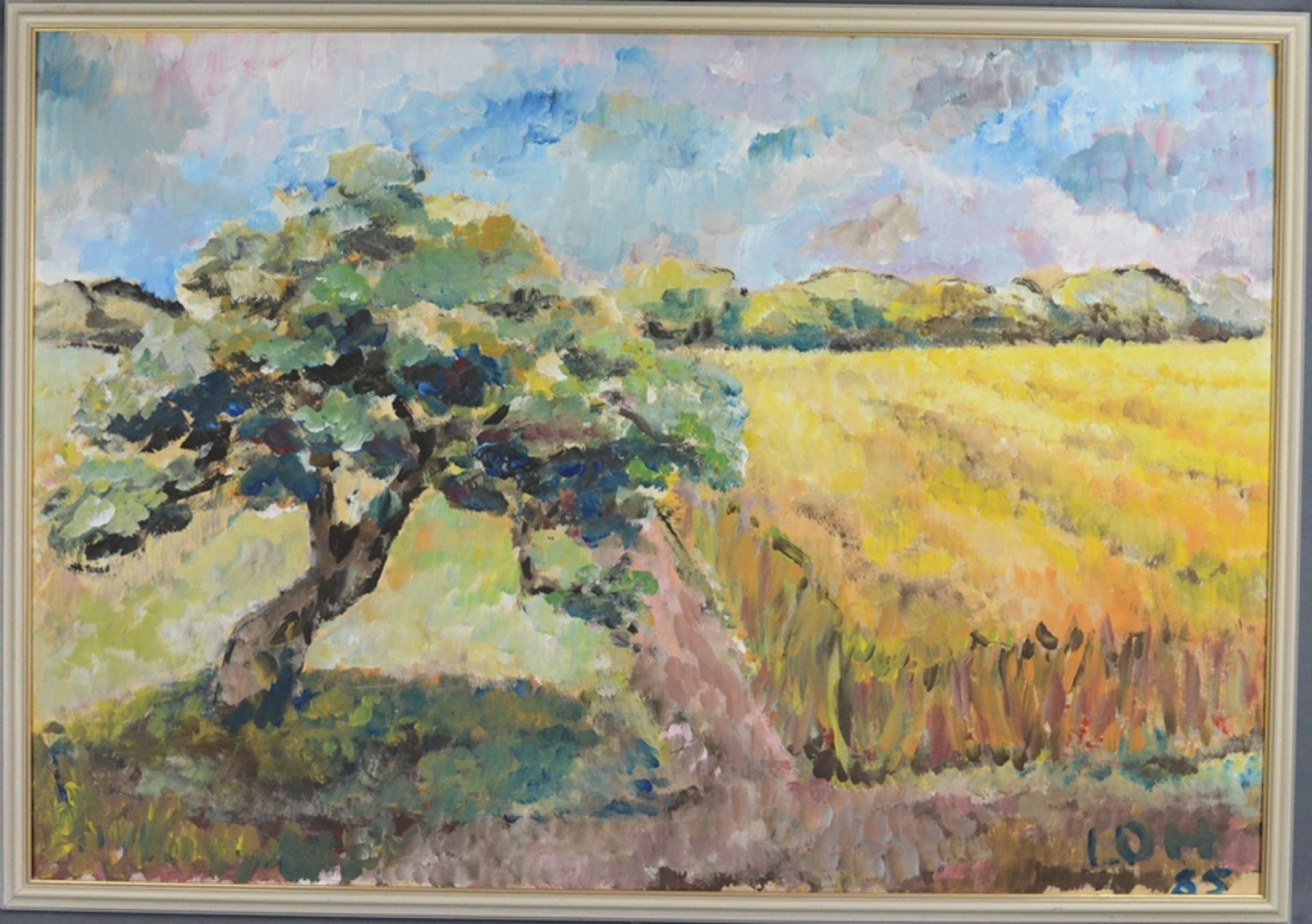 Loh-Pederson, Jutta (1938) "Apfelbaum und Feld", hochsommerliche Landschaft, Öl auf Platte, links u