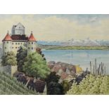 Münch, F. (20. Jahrhundert), "Blick auf die Meersburg", im Hintergrund verschneite Bergkette, Aquar