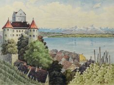 Münch, F. (20. Jahrhundert), "Blick auf die Meersburg", im Hintergrund verschneite Bergkette, Aquar