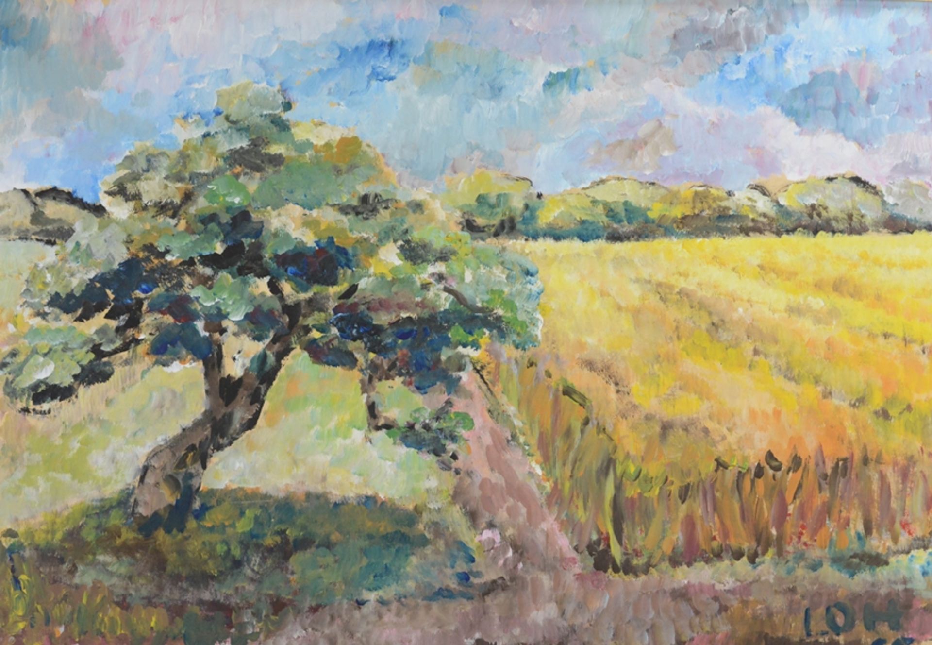 Loh-Pederson, Jutta (1938) "Apfelbaum und Feld", hochsommerliche Landschaft, Öl auf Platte, links u - Bild 2 aus 3