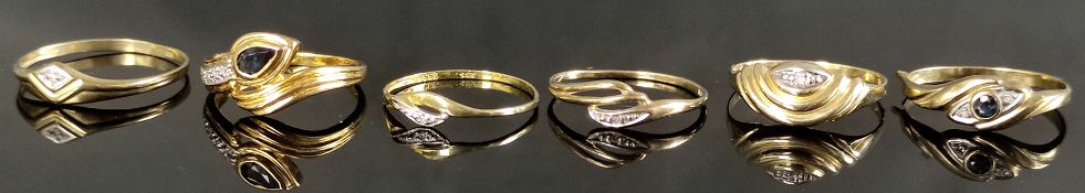 Lot 6 Ringe, teilweise mit Saphiren und kleinen Brillanten, einer 585/14K Gelbgold, 1g, Größe 54, d