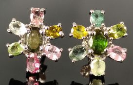 Multicolor tourmaline earrings, stud earrings worked in flower shape and set with faceted