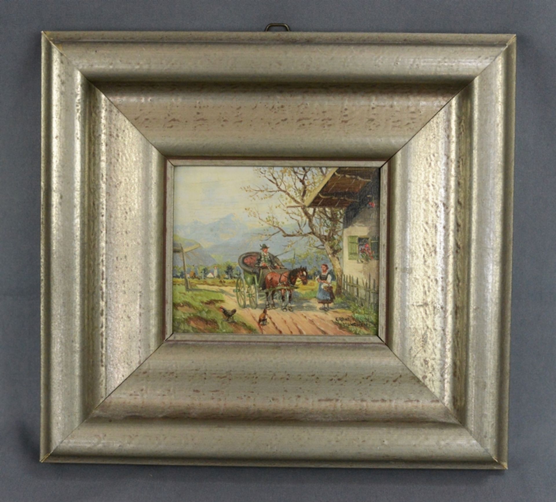 Rohrhirsch, Karl (1875 München - 1954 Greding) "Begegnung", Mann mit Einspänner vor einem Haus, dav - Bild 2 aus 3