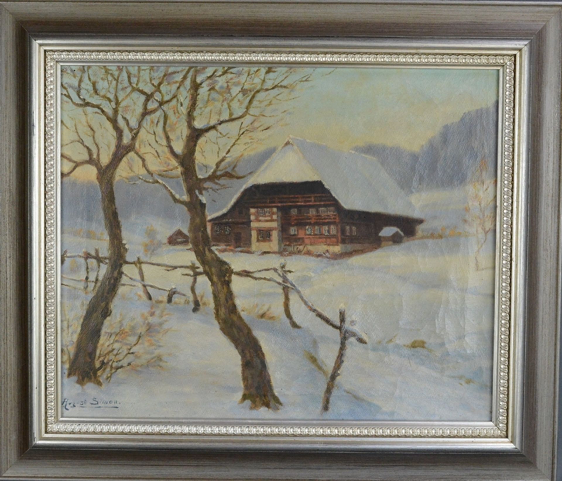 Simon, August (20. Jahrhundert) "Schwarzwaldhaus" im Schnee, Öl auf Leinwand, links unten signiert, - Bild 2 aus 5