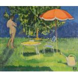 Hofmann, Felix (20. Jahrhundert) "Tag im Hochsommer", mit junger Frau und Gartengarnitur, Öl auf Le