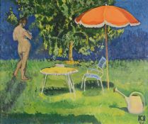 Hofmann, Felix (20. Jahrhundert) "Tag im Hochsommer", mit junger Frau und Gartengarnitur, Öl auf Le