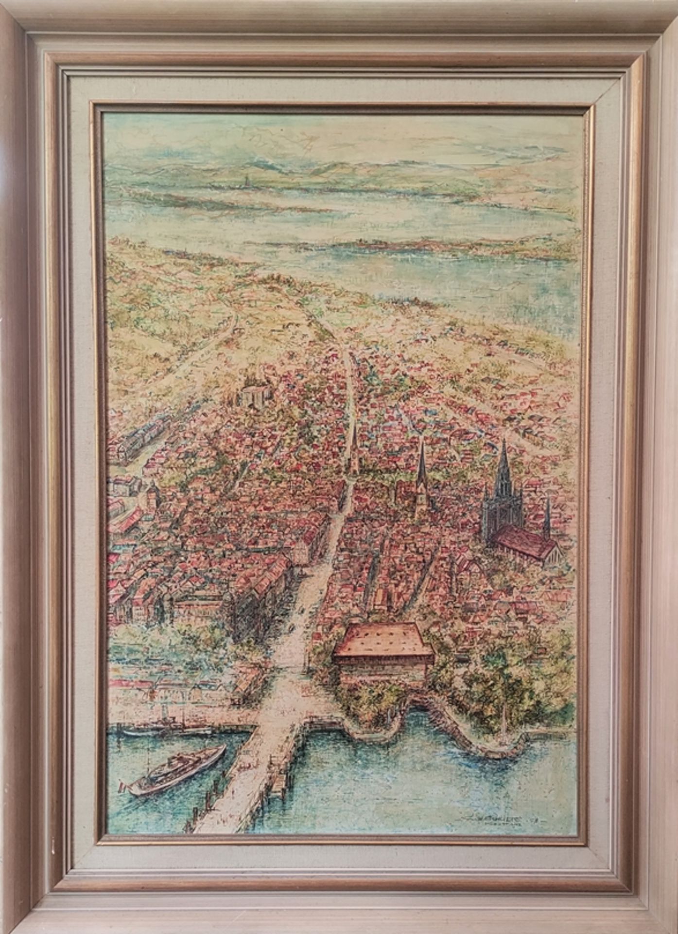 Schulte, C.W. (20th century) "Ansicht Konstanz", large bird's eye view of the city, mixed media on  - Image 2 of 3