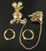 Exceptional earring with mouse and a pair of hoop earrings, mouse earring with cheese clip on chain
