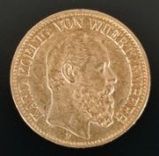 Münze, 10 Mark, Karl König von Württemberg, Deutsches Reich, 1888, Gebrauchsspuren, 900er Gold, 3,9