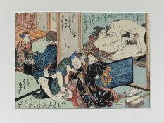 Erotische Szenen, "Shunga", Farbholzschnitt auf zwei Papieren, Japan, 19. Jahrhundert, Maße beider 