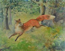 G. Srigs (20. Jahrhundert), "Junger Fuchs im Wald", Öl auf Leinwand, rechts unten signiert, 37x45 c