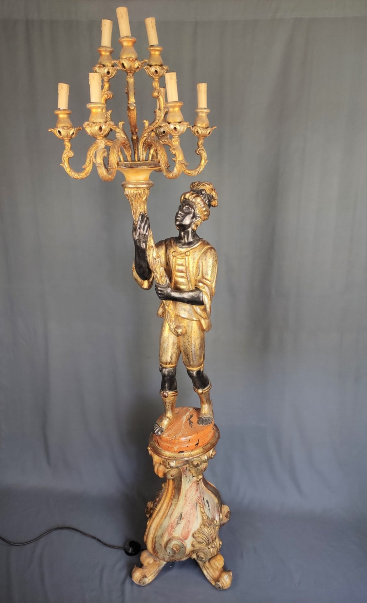 Venetian blackamoor figure candelabra lamp, baroqueising forms, upright standing figure with 9-bran