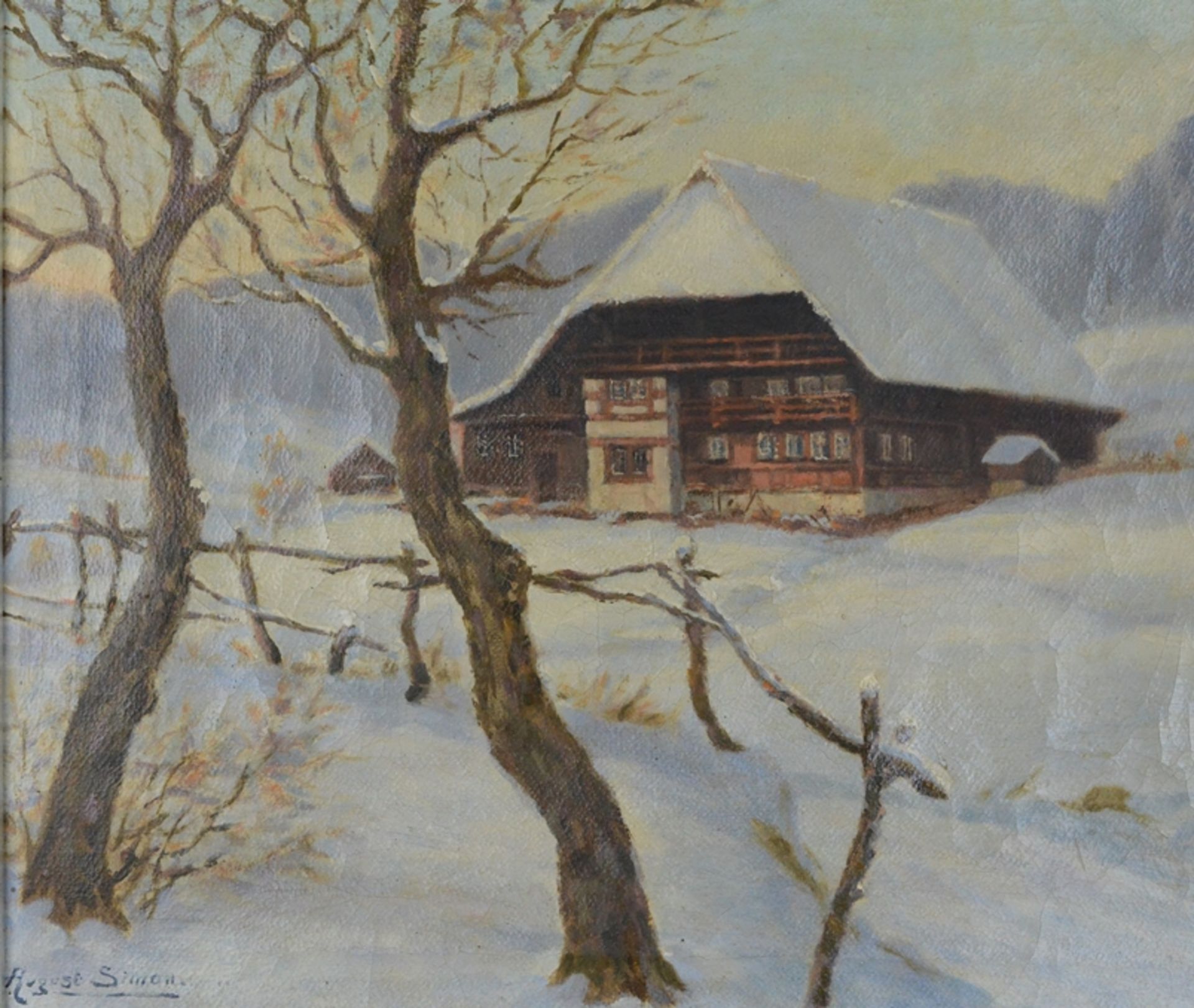 Simon, August (20. Jahrhundert) "Schwarzwaldhaus" im Schnee, Öl auf Leinwand, links unten signiert,