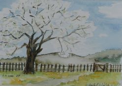 Loh-Pedersen, Jutta (1938), "Apfelblüte", üppiger Baum vor Gartenzaun, Aquarell auf Papier, links u