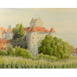 Ewe, Emil (1882 Berlin - ?), "Blick auf die Meersburg", mit Weinbergen im Vordergrund, Aquarell auf