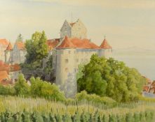 Ewe, Emil (1882 Berlin - ?), "Blick auf die Meersburg", mit Weinbergen im Vordergrund, Aquarell auf