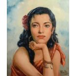 David, André (1900-1983), "Porträt einer jungen Roma/Sinti", nachdenklich in die Ferne blickend, Öl
