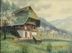 King, Wilhelm (1900 - ?) "Schwarzwaldhaus", im Frühling, Öl auf Platte, rechts unten signiert, 24x3