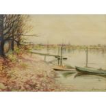 Künstler des 20. Jahrhunderts, "Uferblick", im Herbst, im Hintergrund Blick auf Stadt, rechts unten
