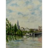 Blattner H (20. Jahrhundert), "Alte Rheinbrücke", mit Blick auf Inselhotel und Münster, Aquarell au