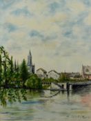 Blattner H (20. Jahrhundert), "Alte Rheinbrücke", mit Blick auf Inselhotel und Münster, Aquarell au