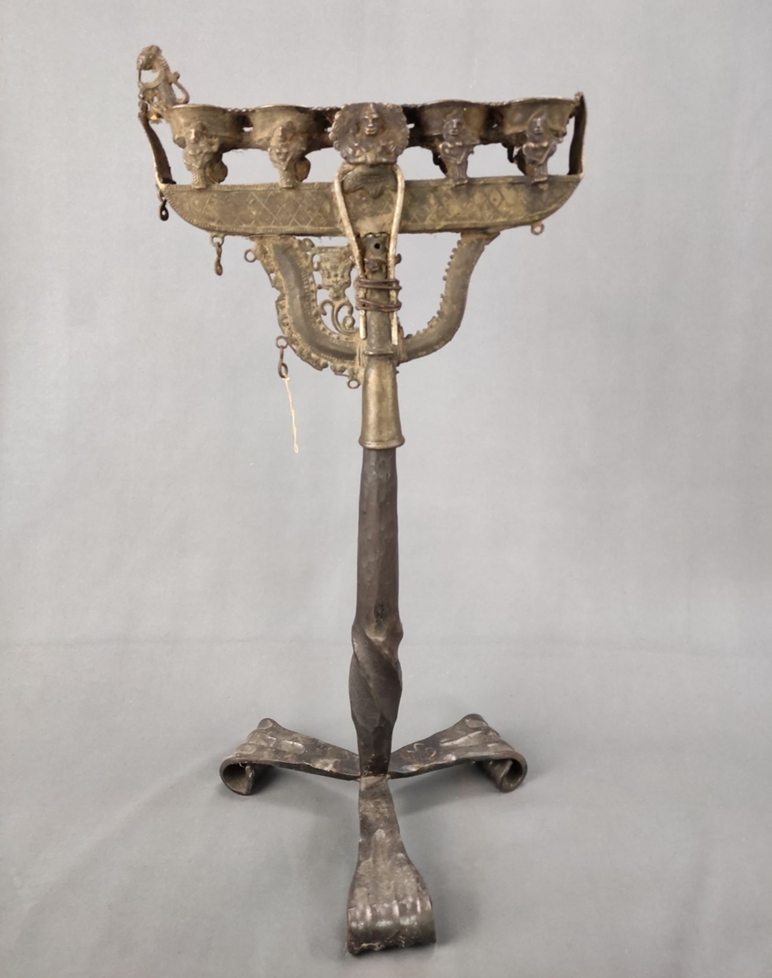 Antique oil candlestick, joined in two parts (not belonging together), 5 flames, small bowls for oi