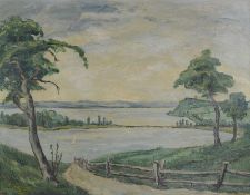 Kirsten, Johannes (20. Jahrhundert) "Blick auf die Mainau", am sommerlichen Bodenseeufer, Öl auf Pl